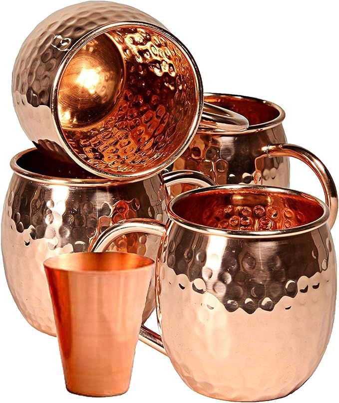 Solid Copper Moscow Mule Copper Mugs Handcrafted 100% Pure Hammered Copper 16 Oz Authentic Cups w... | Amazon (US)