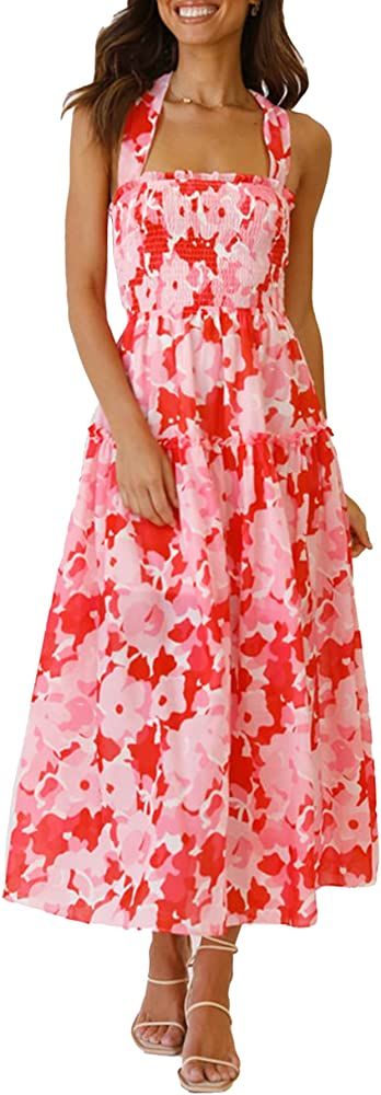 PRETTYGARDEN Women's 2024 Summer Maxi Dress Halter Neck Backless Ruffle Smocked Casual Long Flowy... | Amazon (US)