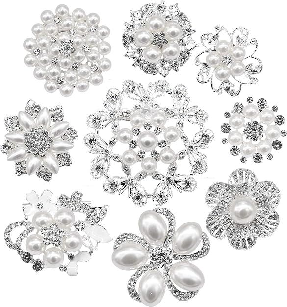 eGlomart Lot 9pcs Silver-Tone Rhinestone Brooches, Big Pearl Crystal Wedding Bouquet kit Set Whol... | Amazon (US)