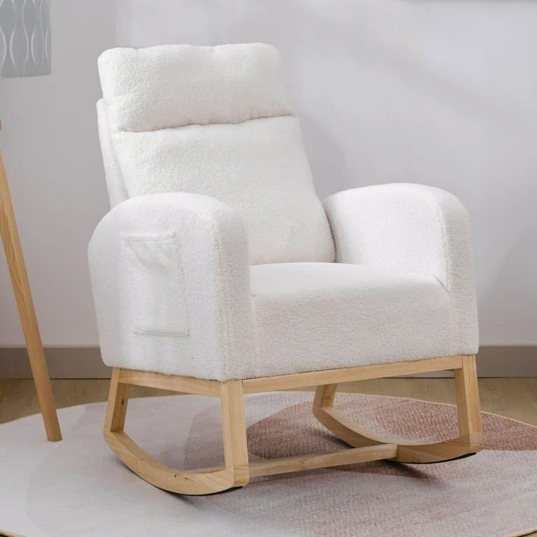 Upholstered Rocking Chair, Boucle Glider Chair Nursery Chair with High Back and Side Pocket, Rock... | Walmart (US)