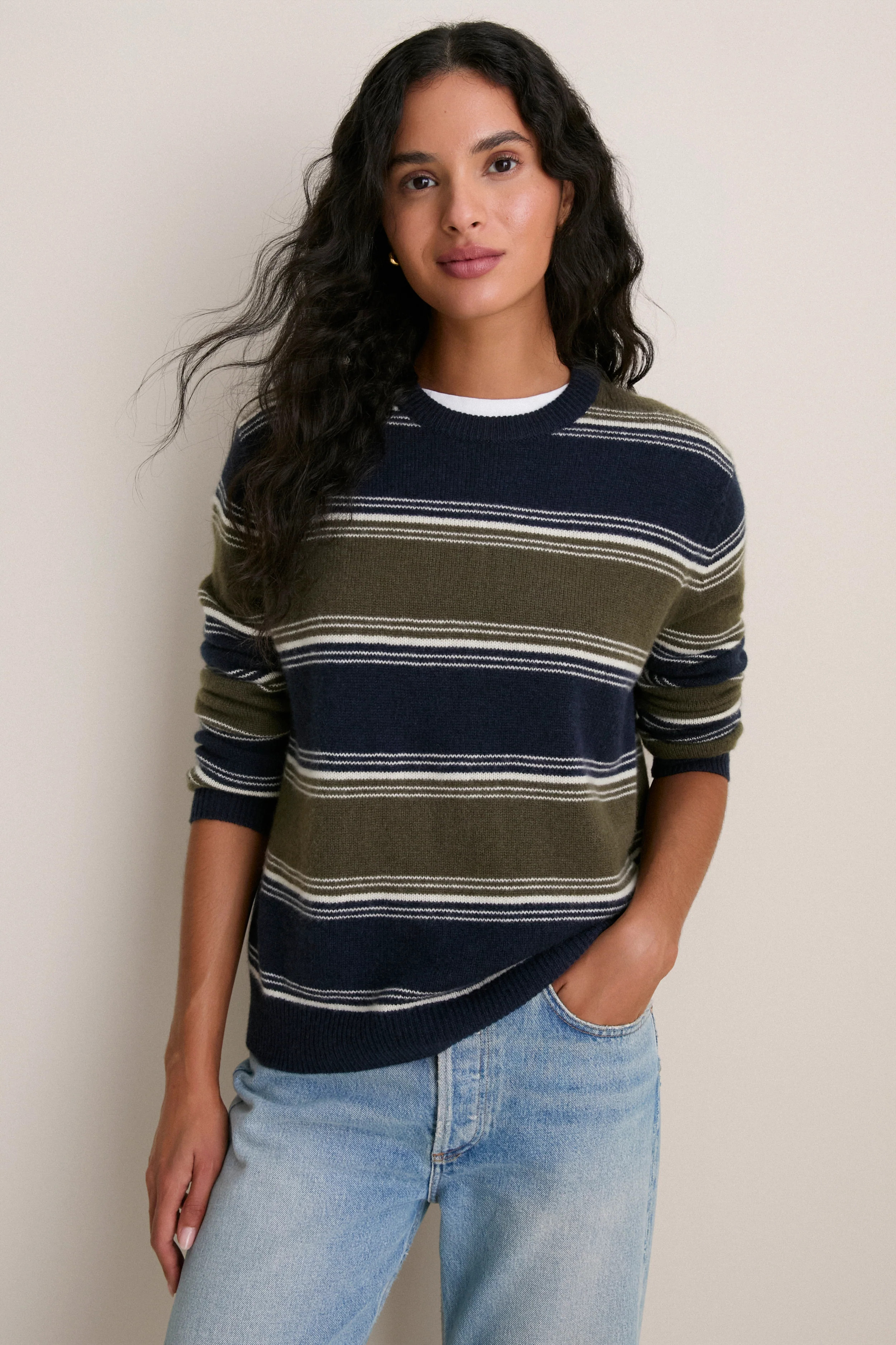 Olive and Navy Stripe Cashmere Boyfriend Bodie Crewneck | Tuckernuck (US)