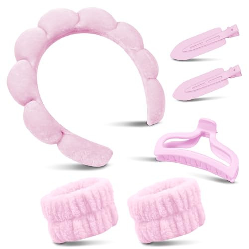 Spa Headband For Washing Face, Skincare Headband With Hair Clips, Cute skincare headband and wristband set for Women, Soft-Puffy Velvet Makeup Headbands, for Face Washing, Makeup, Skincare (Pink) | Amazon (US)