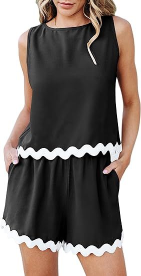 AOVDE Womens Two Piece Outfits - Sleeveless Crew Neck Tank Crop Tops Shorts Summer Sets Business ... | Amazon (US)