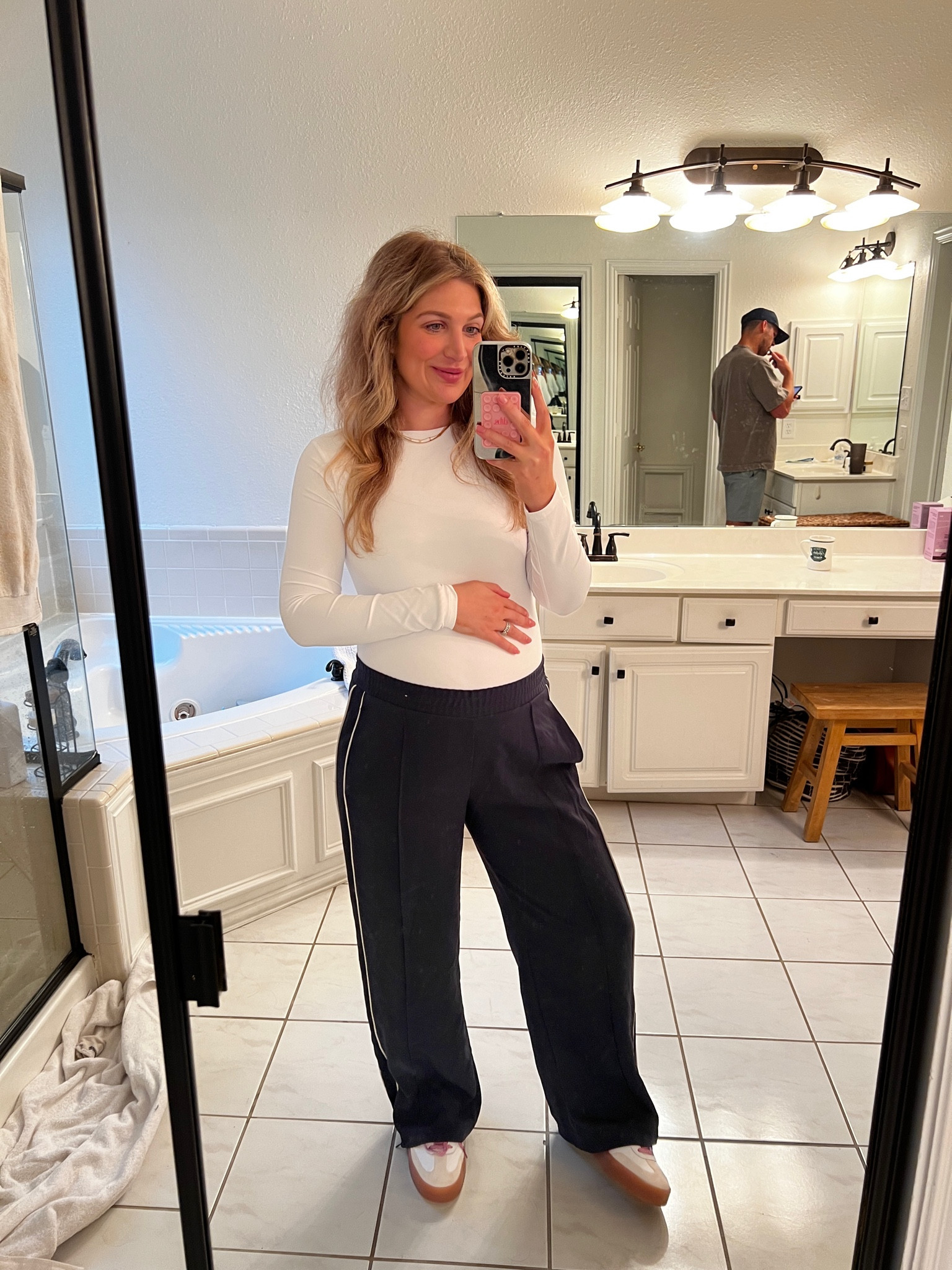 Ootd for a rainy Saturday. Bump friendly outfit! Track pants and long sleeve both on sale today! In mediums

#LTKBump