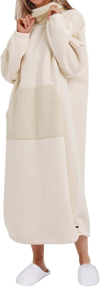ReachMe Womens Oversized Long Sweatshirt Fleece Dress Turtleneck Pullover Plush Lounge Maxi Dress... | Amazon (US)