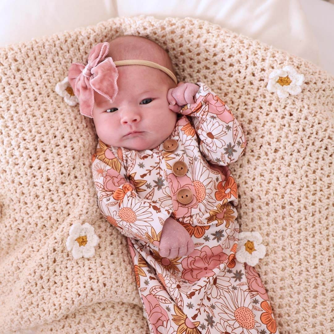 Boho Floral Newborn Baby Knot Gown & Hat Set | Caden Lane