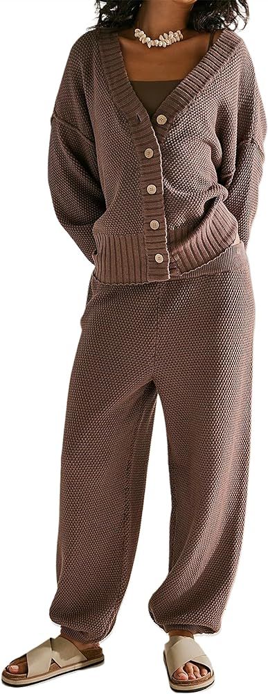 PICPUNMAK Women’s Two Piece Outfits Sweater Sets Knit Oversized Cardigan High Waist Baggy Pants... | Amazon (US)