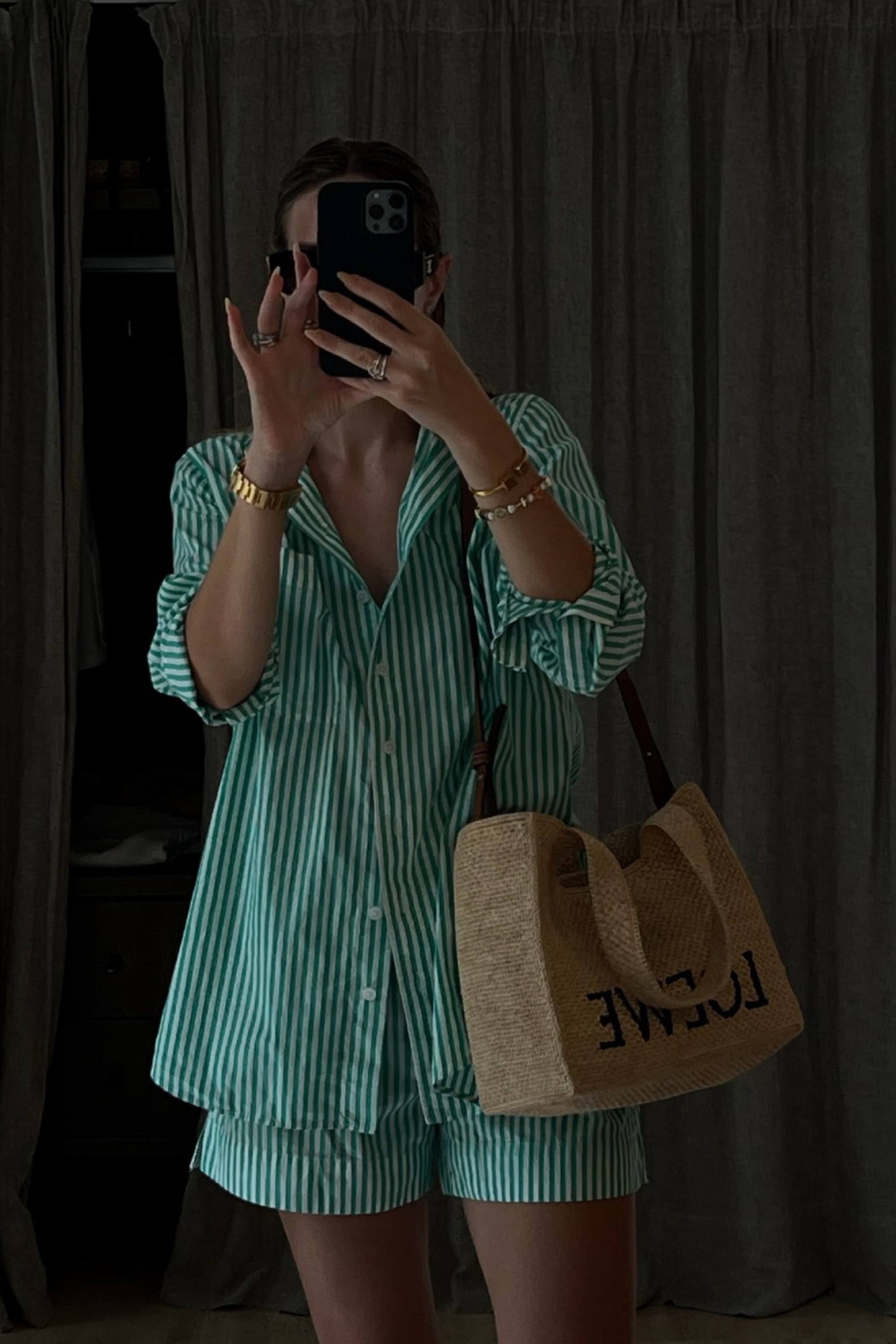 Striped co-ord, COS, basket bag, LOEWE, sunglasses, CELINE. 🦓💚
Green and white stripes, stripped shirt, striped shorts, pyjama style, beach outfit, what to wear to the beach, summers day look, effortless looks. 

#LTKtravel #LTKeurope #LTKunder100