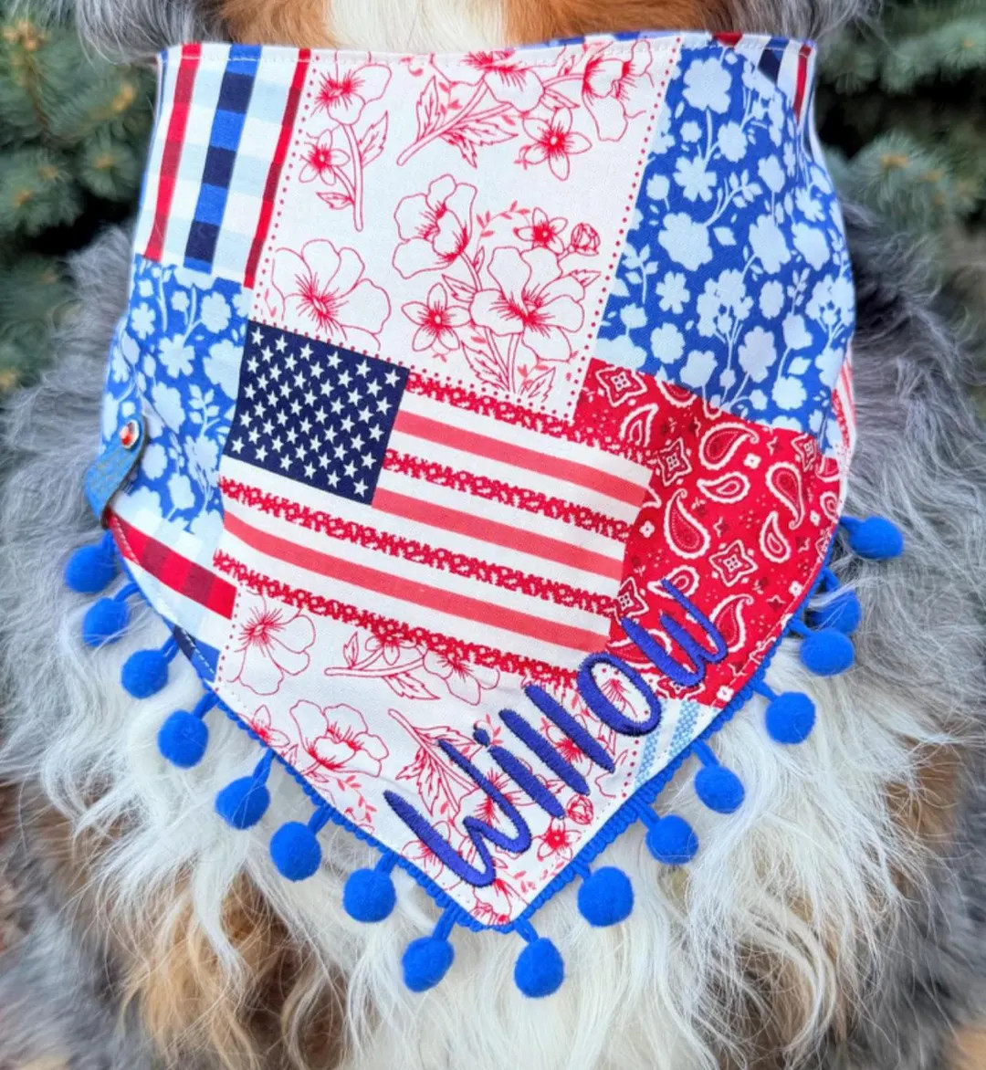 Memorial Day/july 4th Patchwork Plaid Stars Pet Bandana, Reversible Tie & Snap Style, Personaliza... | Etsy (Global)