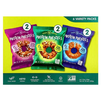 Crisp Power, Protein Pretzels, Variety Pack, 6 Bags, 1.75 oz (50 g) Each | iHerb