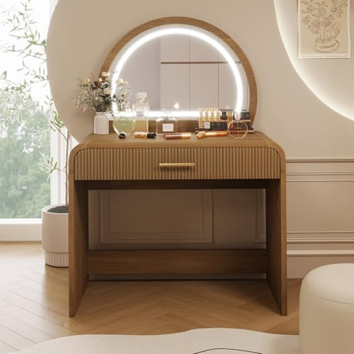 Virubi 39" Minimalist Makeup Vanity Table with Semicircle Mirror, Wood Modern Dressing Table with Touch Screen Lighted Mirror & Storage Drawer & Curved Edges for Bedroom (Espresso) | Amazon (US)