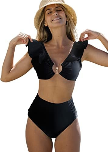 SPORLIKE Women Ruffle High Waist Swimsuit Two Pieces Push Up Tropical Print Bikini | Amazon (US)