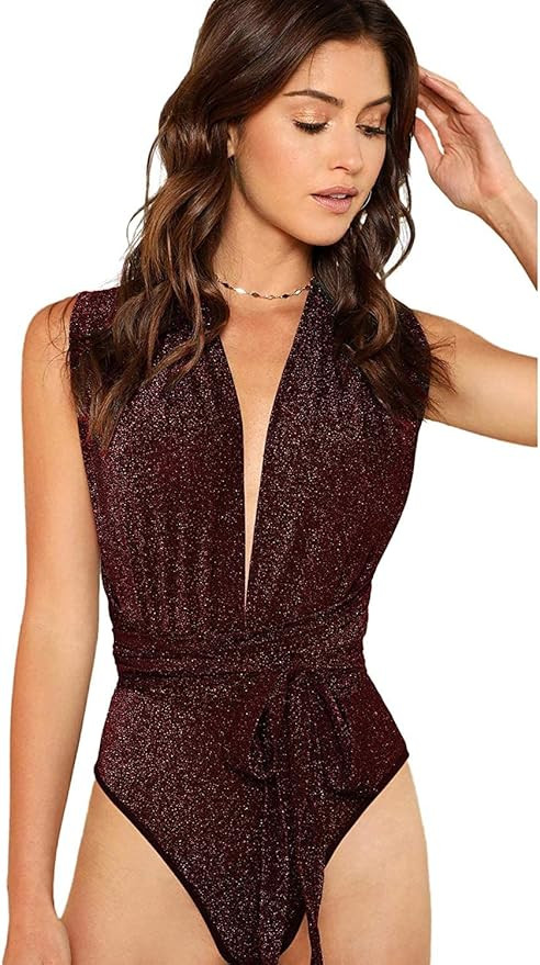 Verdusa Women's Sleeveless Sexy Deep V Neck Cross Back Bodysuit | Amazon (US)