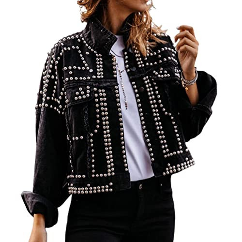APAFES Women's Fashion Crop Fringe Denim Jacket Distressed Western Studded Black Trucker Jacket(0270-Black-XL-NG) | Amazon (US)