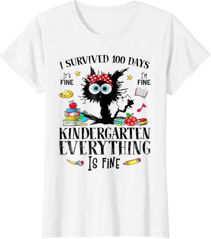 I Survived 100 Days Of Kindergarten Teacher & Kids Funny Cat T-Shirt | Amazon (US)