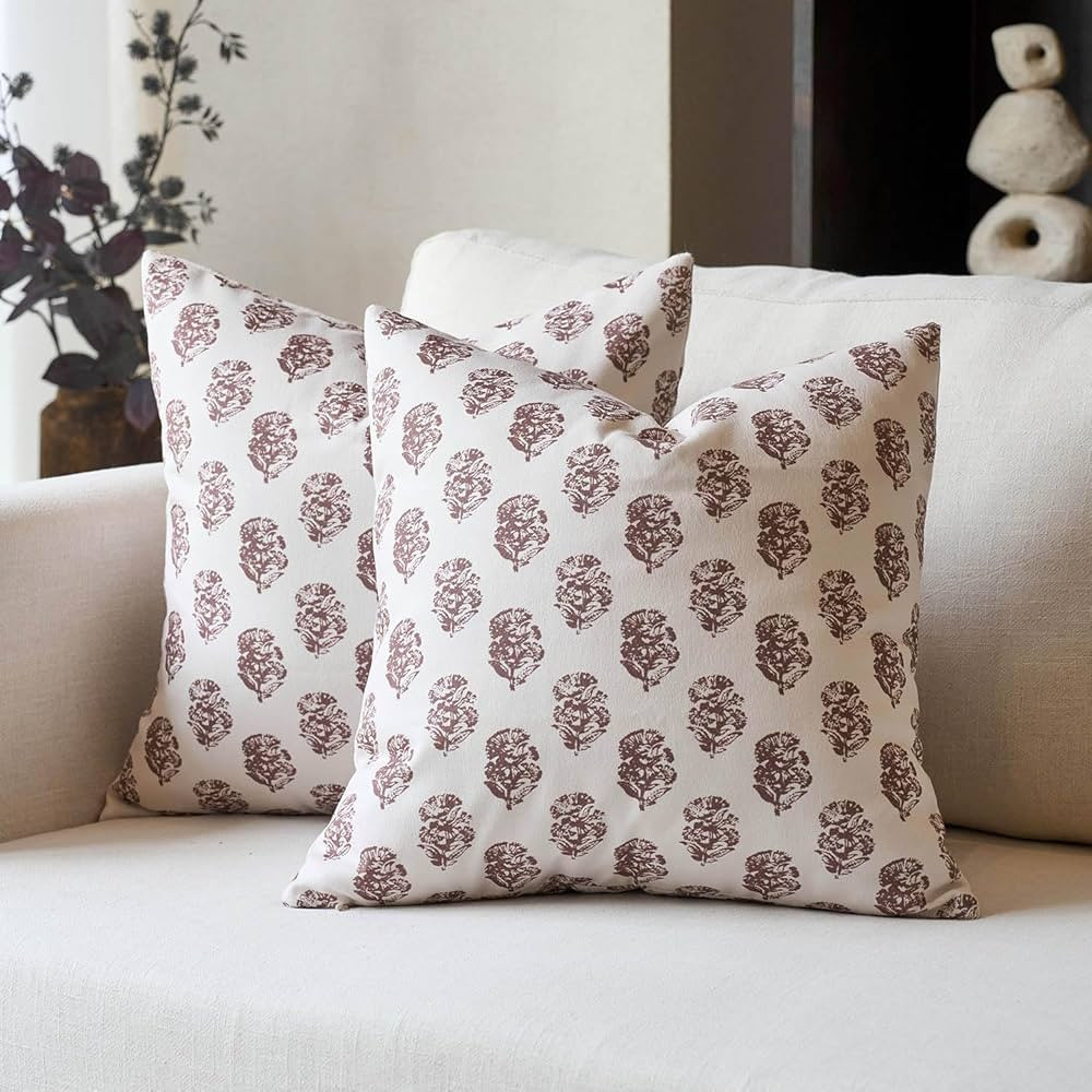 DOMVITUS Set of 2 Floral Pillow Covers 20x20, Block Print Pillow Covers Vintage Neutral Decorativ... | Amazon (US)