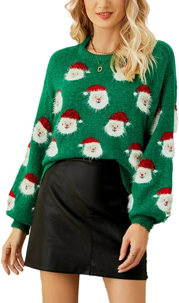 Rvnsu Women's Christmas Sweater Santa Claus Long Sleeve Pullover Sweatshirts 2023 Xmas Pattern Cr... | Amazon (US)