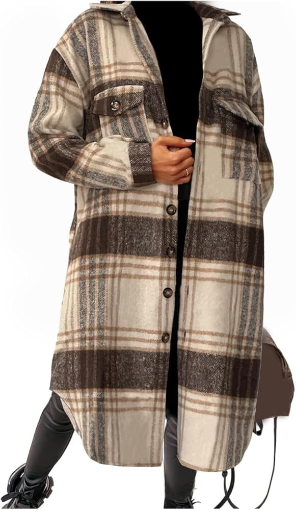 Omoone Women's Classic Woolen Button Down Plaid Long Coat Tartan Shacket Jacket with Pockets | Amazon (US)