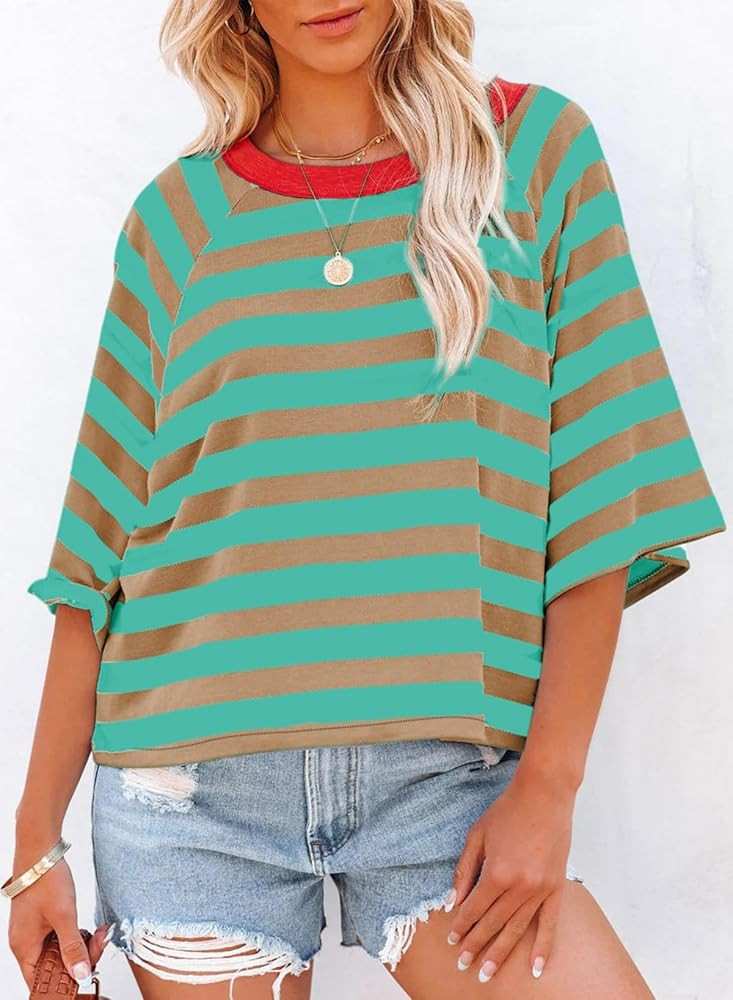 Dokotoo Tops for Women Striped 2026 Fashion T Shirts for Women Color Block Crewneck Design Loose ... | Amazon (US)