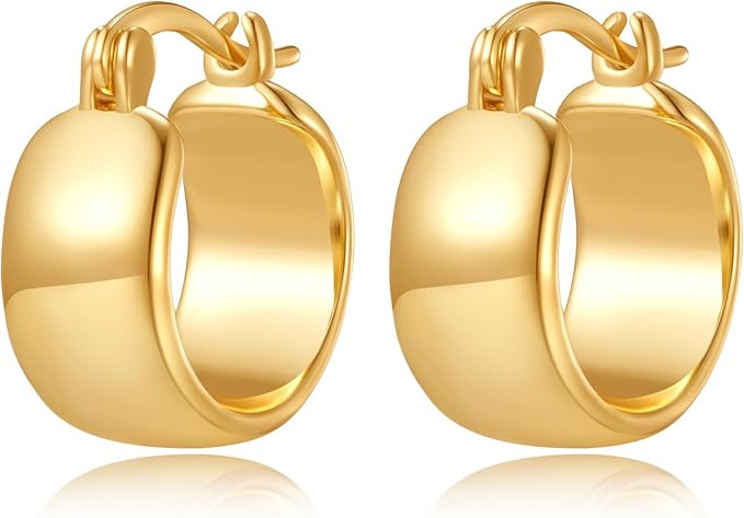Chunky Gold Hoop Earrings for Women, 14K Gold Plated Tiny Wide Huggie Hoop Earrings for Women Sma... | Amazon (US)