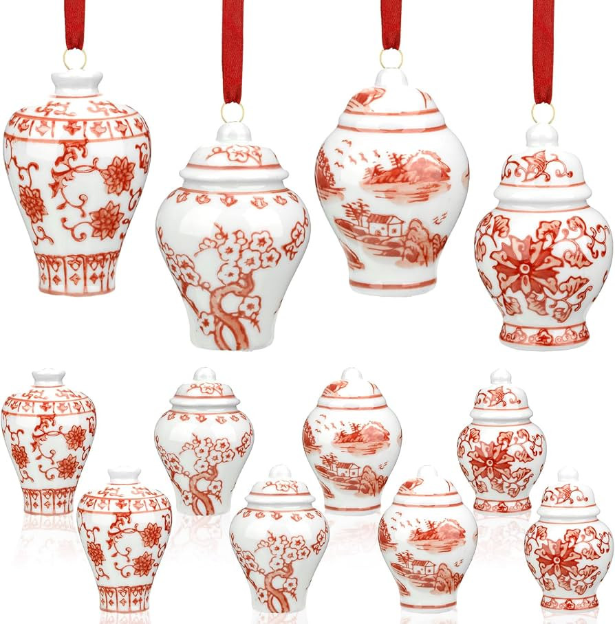 Peryiter 12 Pcs Red Ginger Jar Christmas Ornaments, Mini Hanging Decor | Amazon (US)