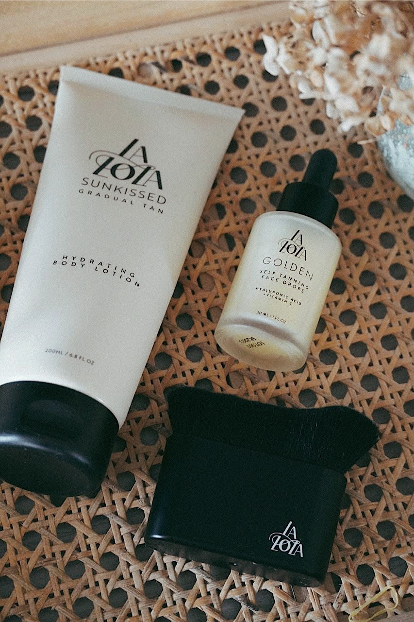 The ultimate self-tanning trio ☀️✨
My go-to self-tanner combo:  
✔️ **Sunkissed Gradual Tan** – A hydrating body lotion that builds a natural tan gradually.  
✔️ **Golden Face Drops** – Customizable self-tanning drops with hyaluronic acid + vitamin C for a radiant, even complexion.  
✔️ **Blending Brush** – The secret to a flawless, streak-free application!  

Non-toxic, cruelty-free, and made with skin-loving ingredients. No orange tones, no patchiness—just a bronzed, natural glow.  

#selftanner #glowingskin #faketan #selftanroutine #bronzedbeauty #naturaltan #skincare #cleanbeauty #hydratedskin #crueltyfreebeauty