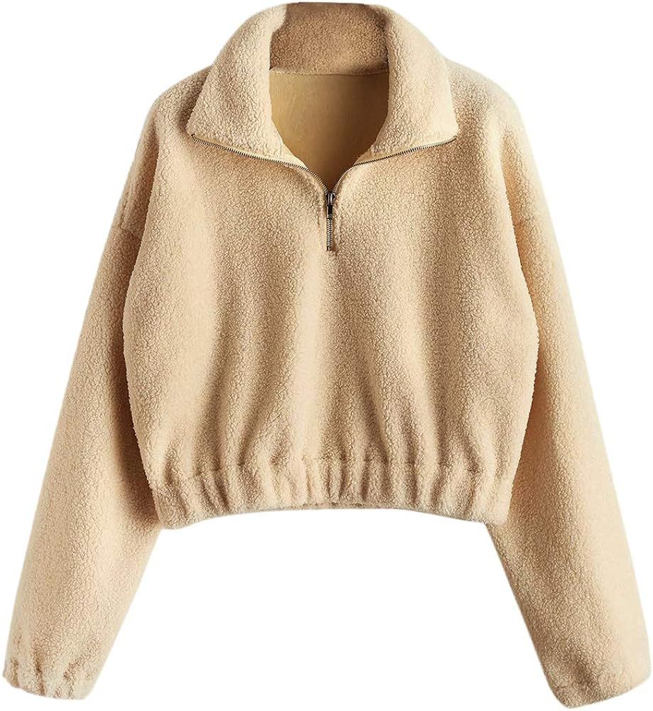 Women's Fashion Long Sleeve Lapel Half Zip Plain Faux Fur Sweatshirt Solid Color Crop Pullover To... | Amazon (US)
