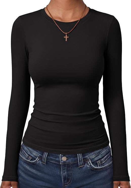 ANRABESS Women's Long Sleeve Shirts Fitted Double Lined Top | Amazon (US)