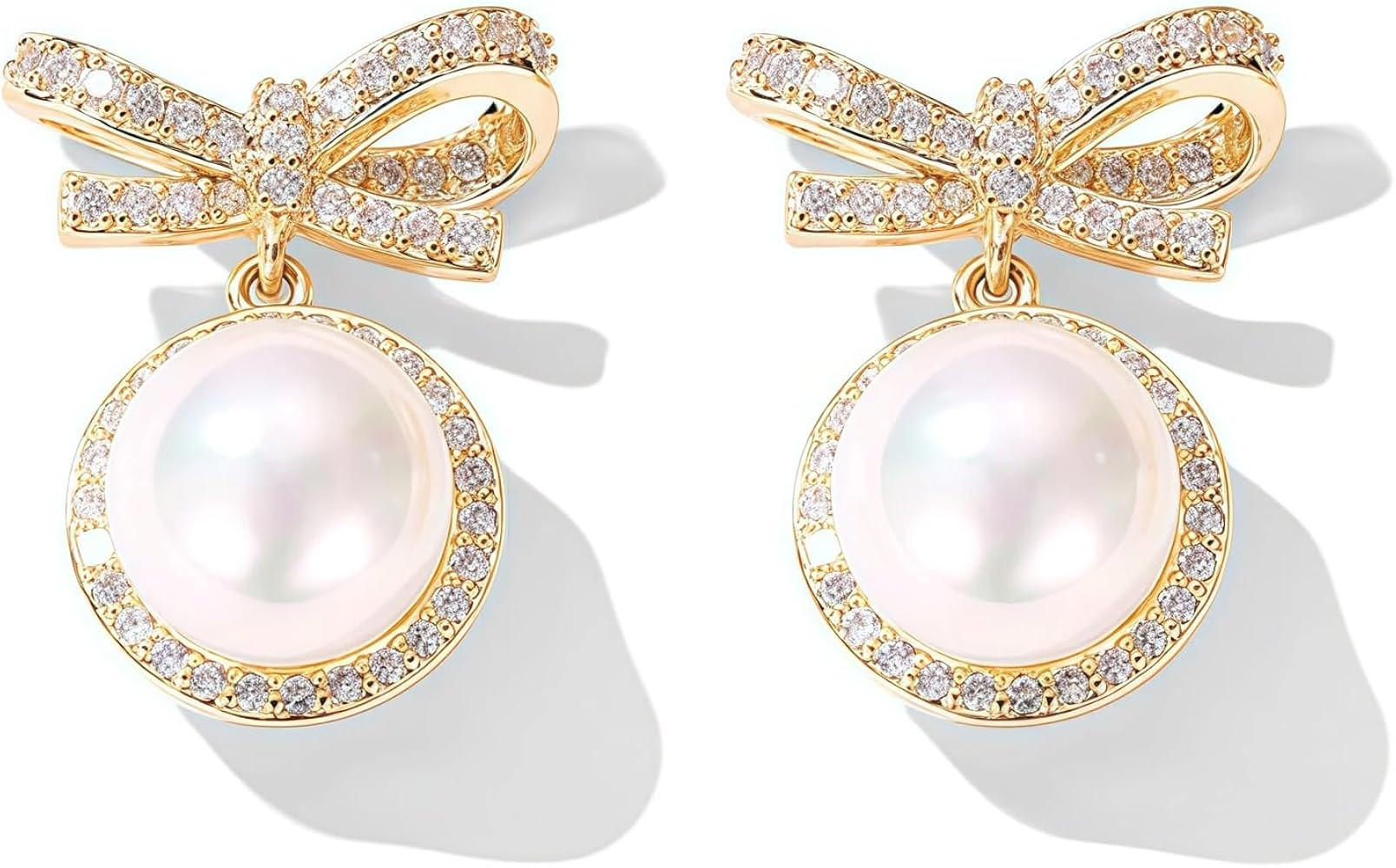 MIKAMU 14k Gold Ribbon Bow Stud Earrings for Women cubic zirconia Dainty Gold Plated Pearl Earrin... | Amazon (US)