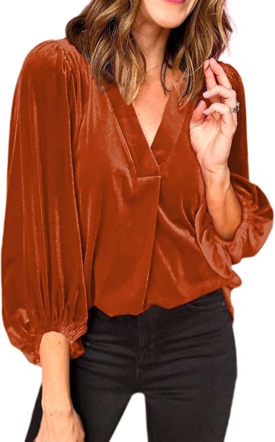 Womens Velvet Tops V Neck 3/4 Puff Sleeve Fall Winter Trendy Dressy Casual Loose Christmas Party ... | Amazon (US)