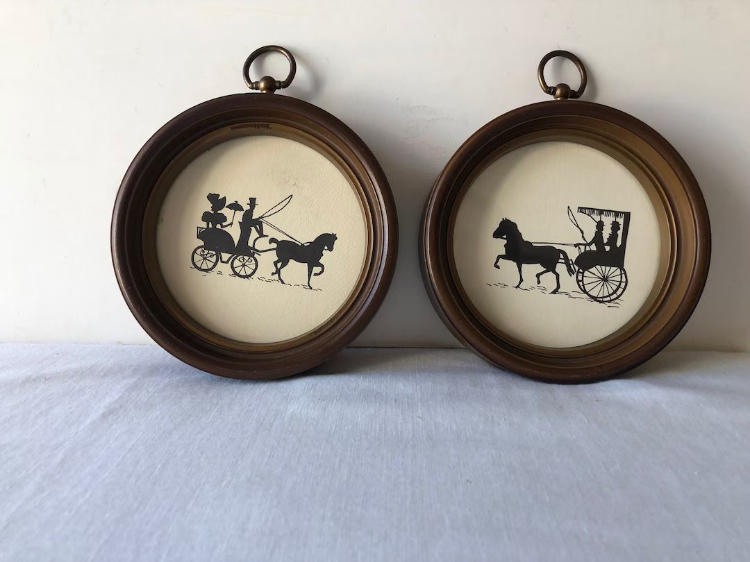 Vintage Silhouette Horse and Buggy Pair of Round Pictures | Etsy (US)