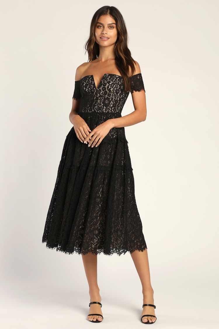 Absolutely Stunning Black Lace Off-the-Shoulder Midi Dress - Fall Wedding Guest Dress | Lulus (US)