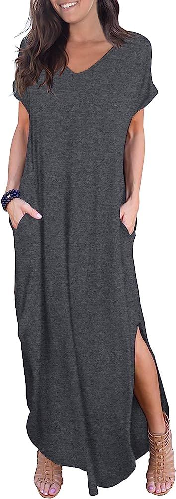 Women's Casual Loose Pocket Long Dress Short Sleeve Split Maxi Dresses | Amazon (US)