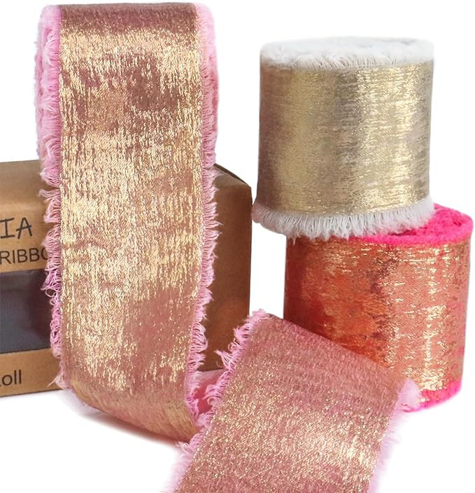 Red Shimmery Chiffon Silk Ribbon 1 1/2 Inch 3 Rolls 15 Yards Handmade Frayed Edge Pink & Champagn... | Amazon (US)