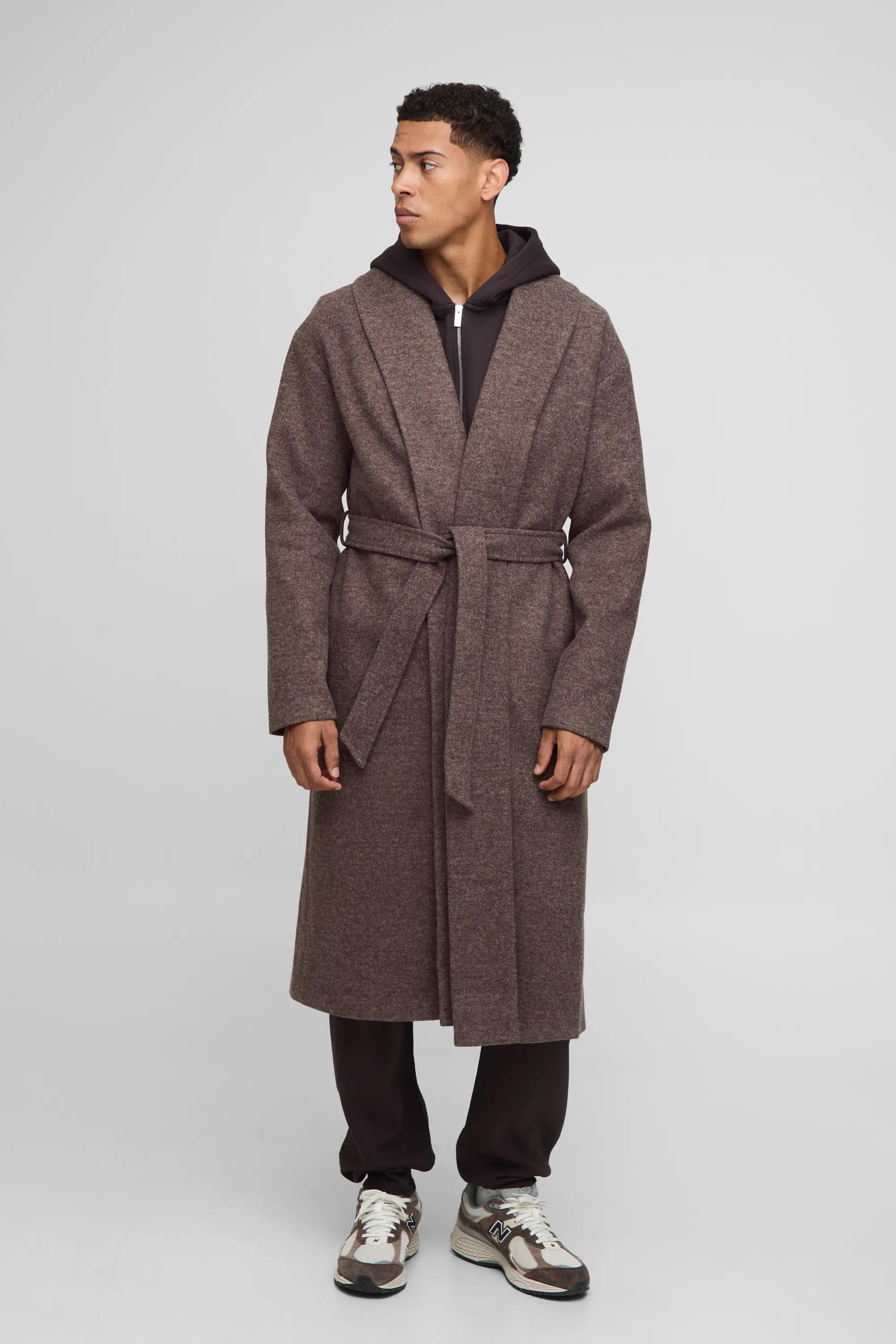 Single Breasted Shawl Collar Self Belted Longline Marl Melton Overcoat | boohooMAN (US & Canada)