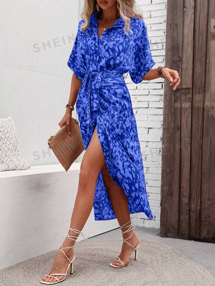 SHEIN LUNE Allover Print Batwing Sleeve Belted Shirt Dress | SHEIN