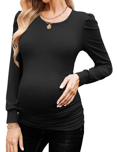 Ekouaer Women's Maternity Shirts Long Sleeve Pregnancy Tops Basic Ribbed Knit Pregnant Blouses Black Small | Amazon (US)