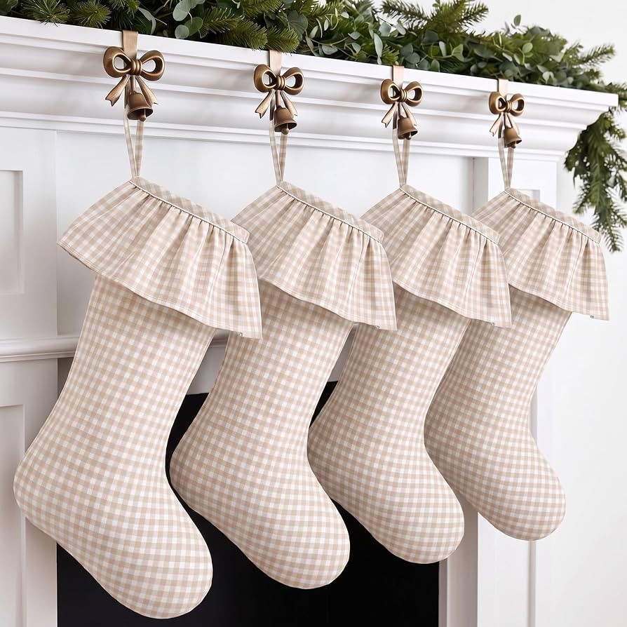 4 Pcs Khaki Gingham Christmas Stockings 18 " Large Ruffled Xmas Stocking | Amazon (US)
