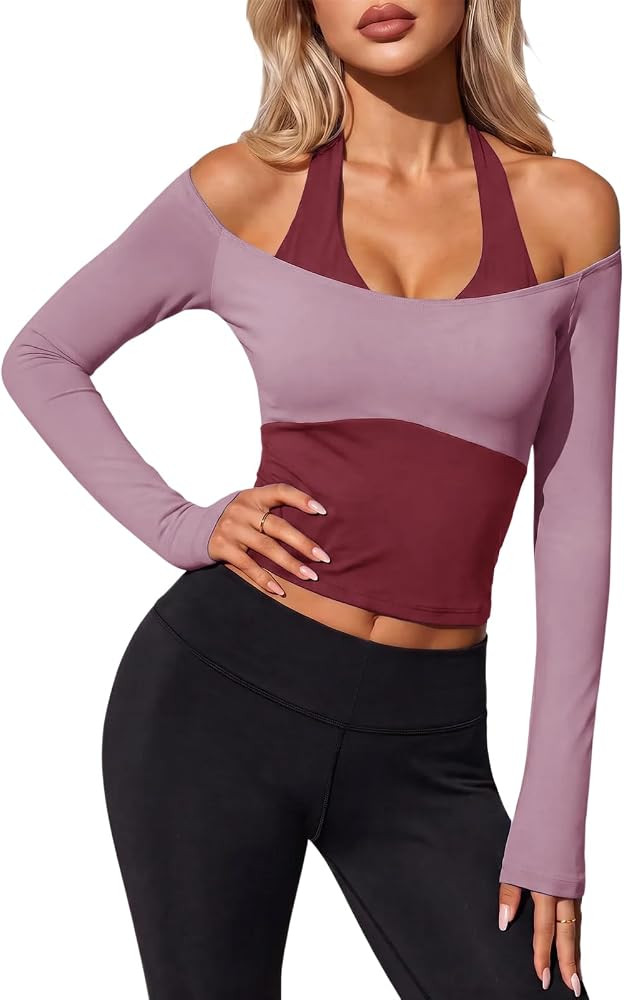 Aoysky Womens Off Shoulder Halter Crop Tops Long Sleeve Shirts Built in Bra | Amazon (US)