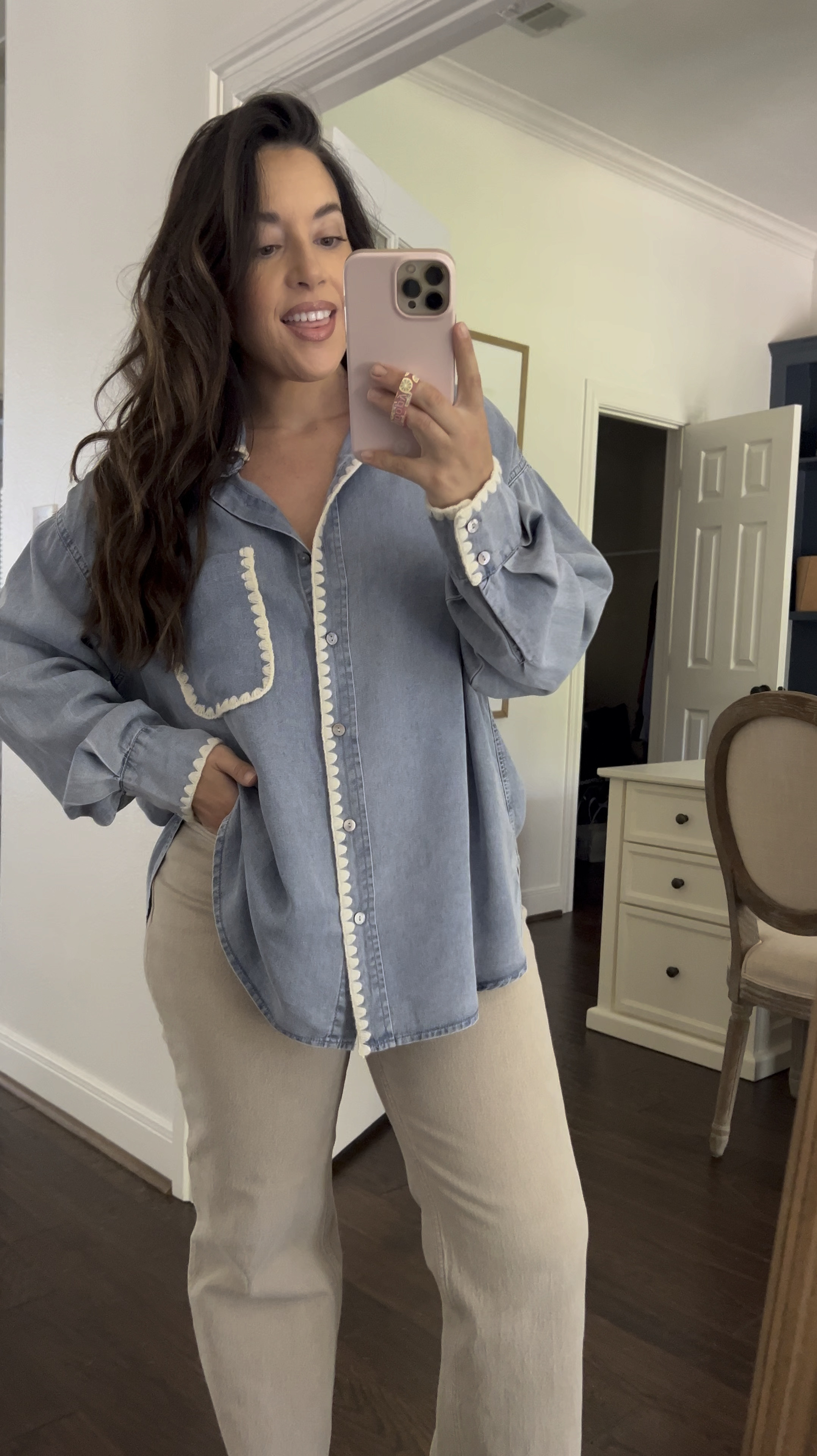 The cutest button down for fall with beautiful detailing around the edges and pocket can be worn open or closed like I am here.

#LTKSeasonal #LTKVideo