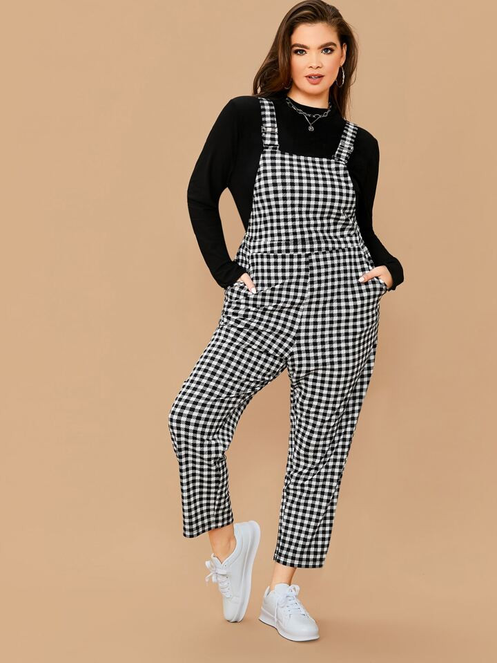 SHEIN LUNE Plus Slant Pocket Gingham Pinafore Jumpsuit | SHEIN