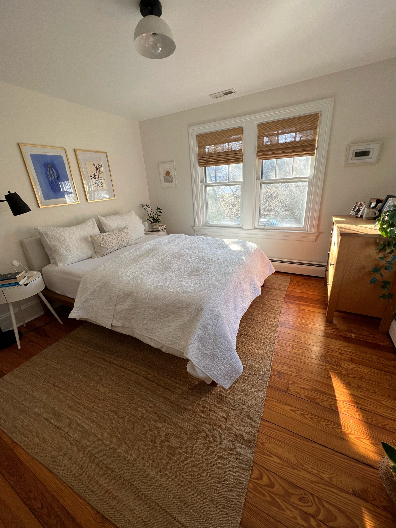 Bedroom so fresh and so spring clean: Citizenry sheets (luscious), Target quilt, jute area rug, bamboo Roman shades (DIY install is very easy), West Elm nightstands (on sale!), gold frames from Target (easy to make these inexpensive frames look much classier), and some greenery 🌱 

#LTKstyletip #LTKSeasonal #LTKhome