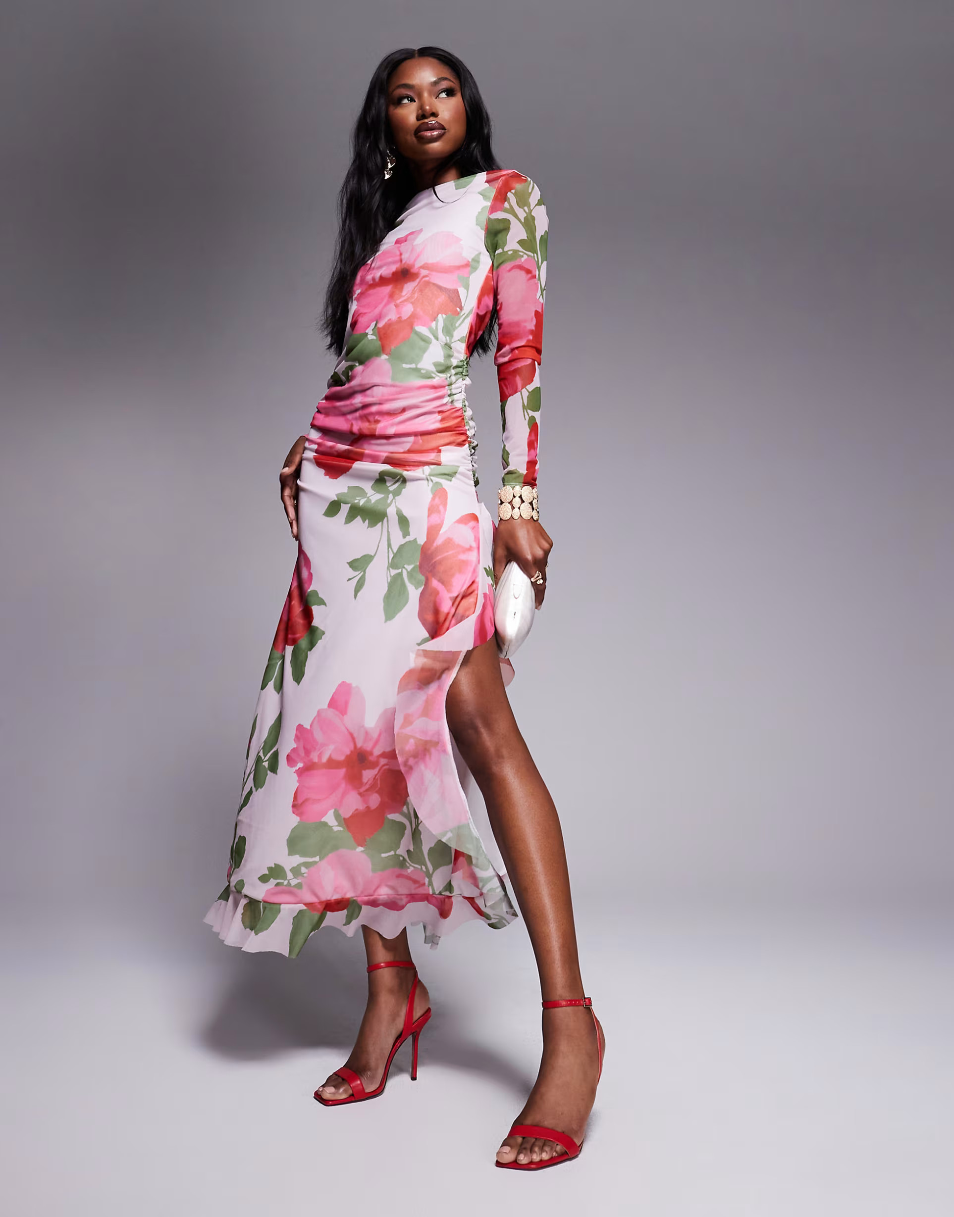 ASOS DESIGN mesh long sleeve frill detail a line maxi dress in pink floral print | ASOS (Global)
