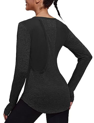 PINSPARK Workout Shirts for Women Long Sleeve Yoga Tops Sports Hiking Shirt Breathable Athletic Top Loose Fit Black XL | Amazon (US)
