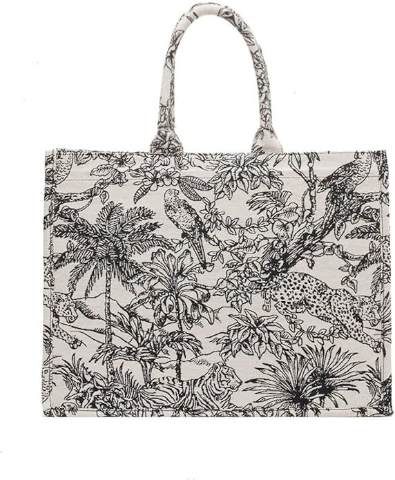 Large capacity handbag linen cotton flower embroidery retro exquisite doodle fashion shopping bag | Amazon (US)