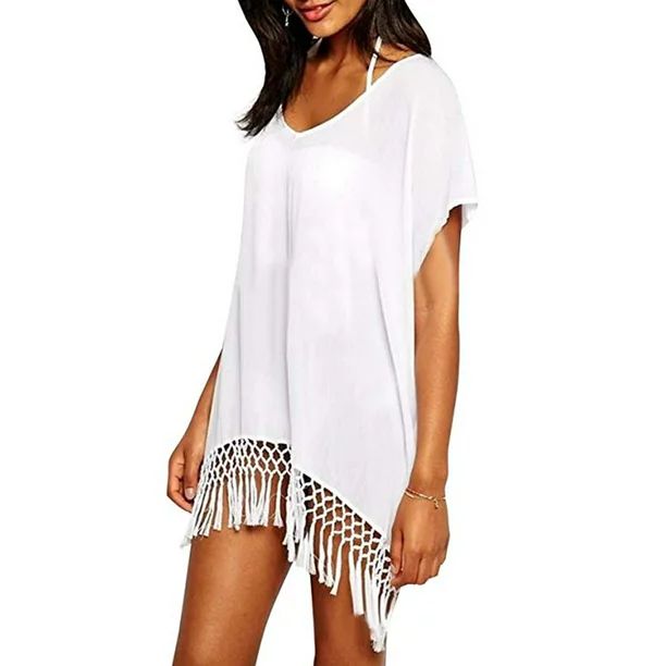 Women's Beach Bikini Cover up Chiffon Tassel Swim V Neck Loose Bathing Suit Cover-up Summer Swims... | Walmart (US)