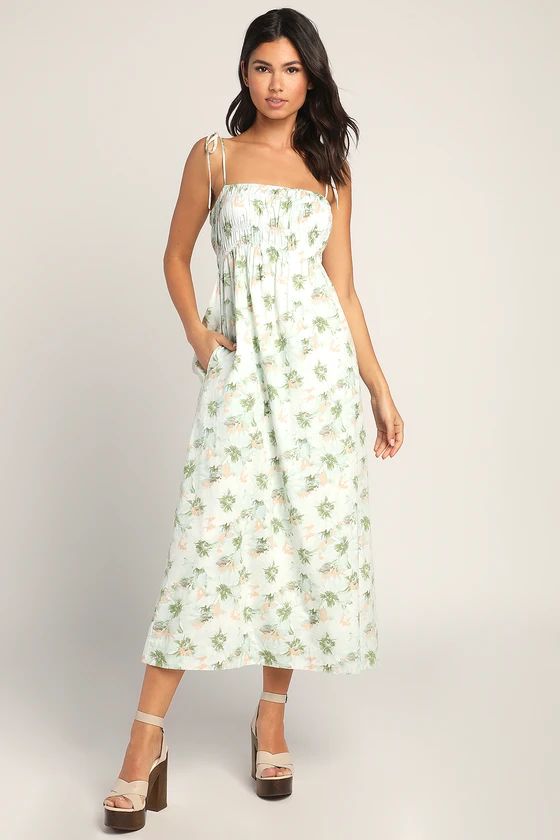 Best Bliss Green Floral Print Tie-Strap Midi Dress With Pockets | Lulus (US)