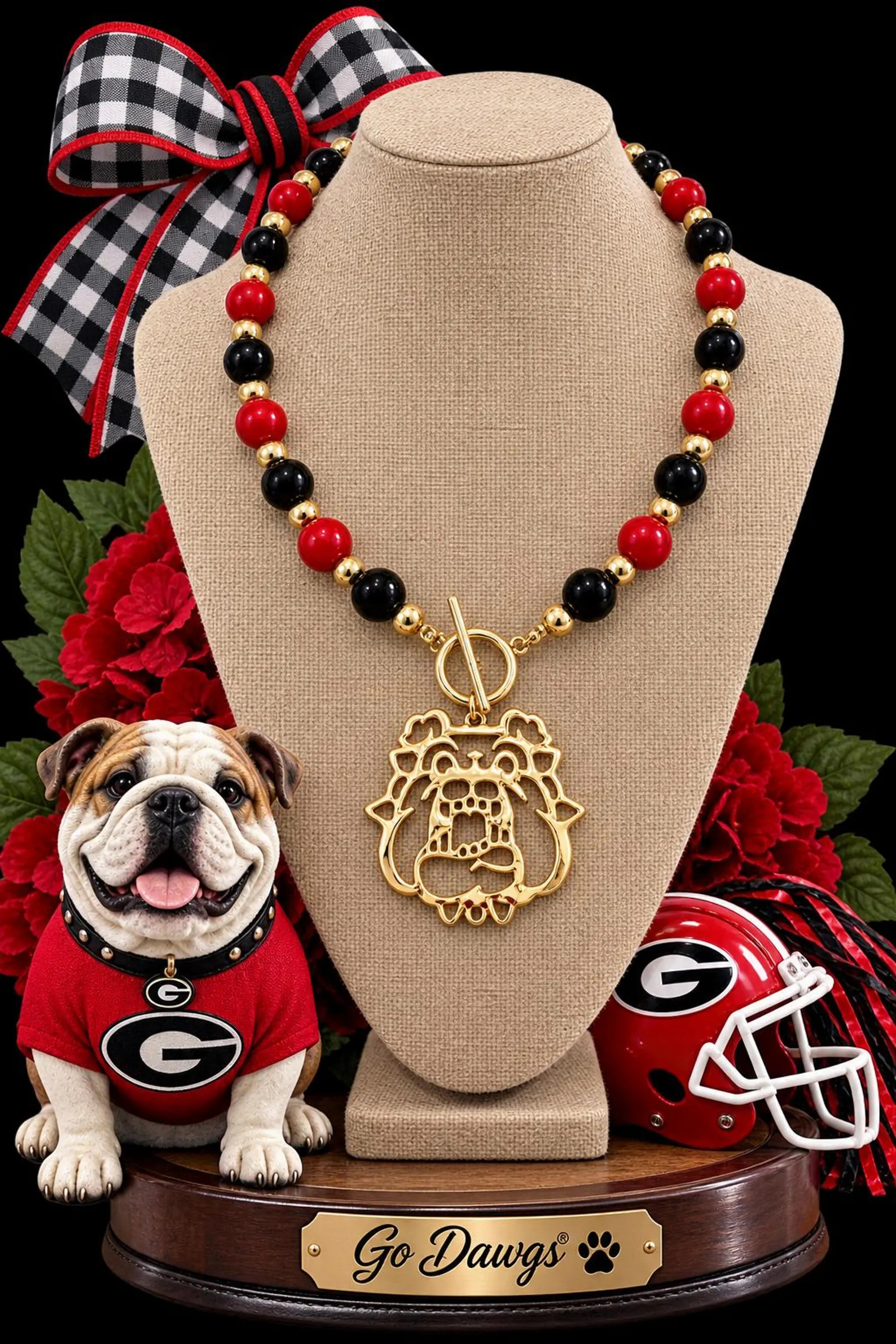 Georgia Bulldog Necklace, Red Black Gold Statement Beads, Game Day Pendant Jewelry | Etsy (Global)
