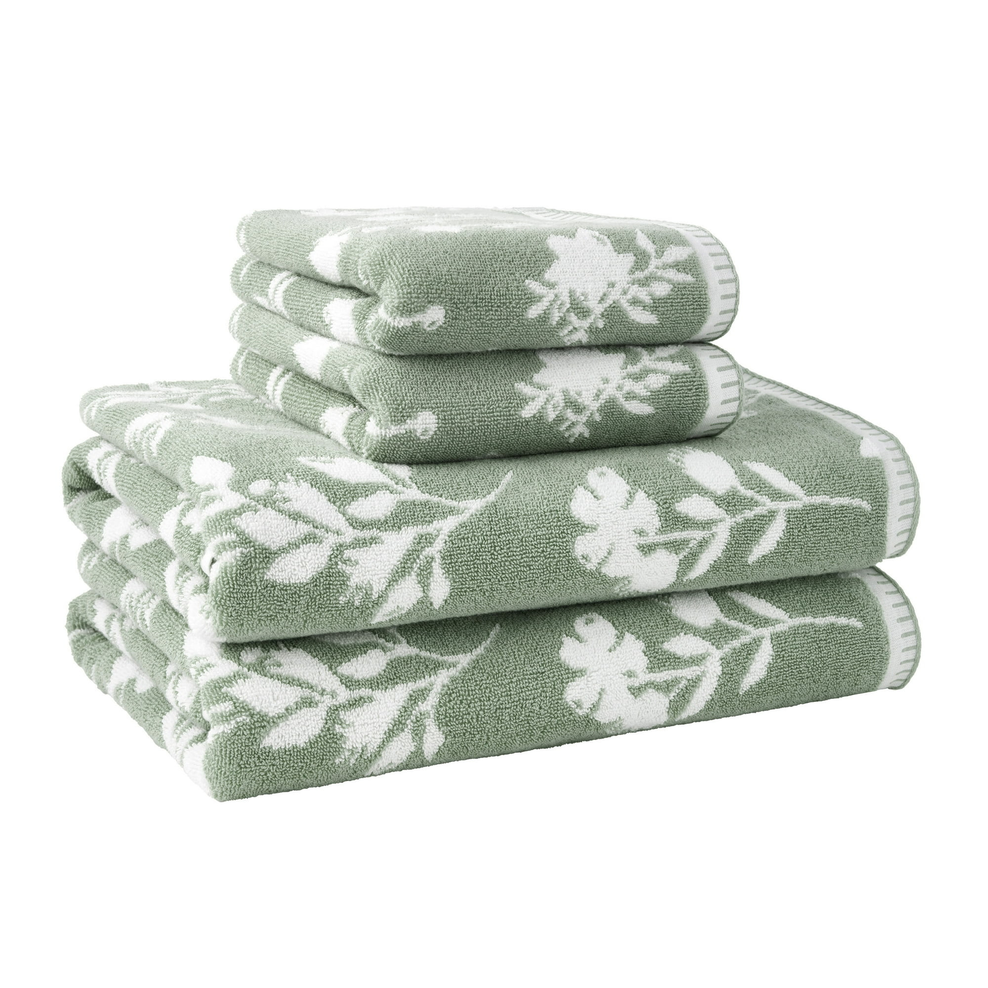 Beautiful by Drew Barrymore 4-Piece Floral Bath Towel Set, 100% Cotton, Sage Green | Walmart (US)