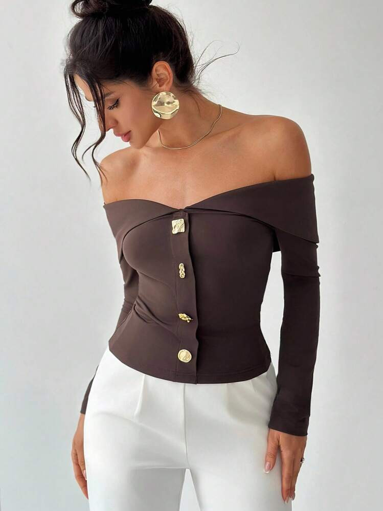 Firerie Plus Size Casual Elegant All-Match Long Sleeve Asymmetric Metal Button Decor Stretchy T-S... | SHEIN